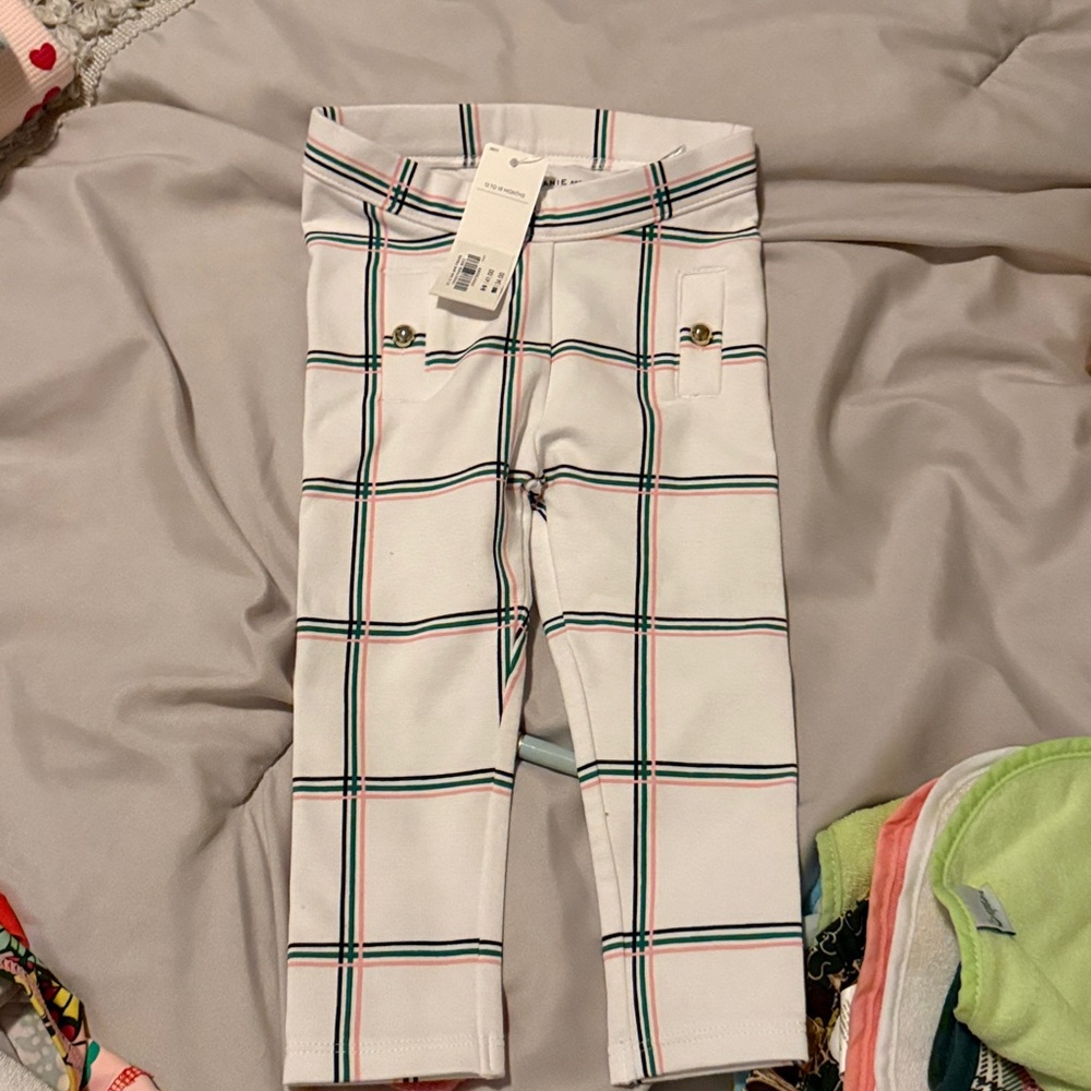 Janie and Jack White Pants with Pink and Green Plaid
